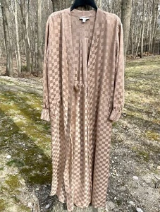 Lunya 100% Silk Long Robe Checkered Check Print Otium Tan Pink Long Sleeves XS/S - Picture 1 of 6