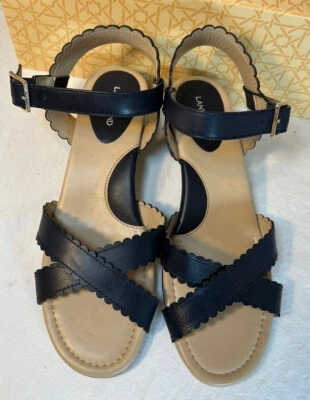 Lands' End Women's Block Heel Sandals Black Sz 7.5B Scallop Straps - Image 1 of 4