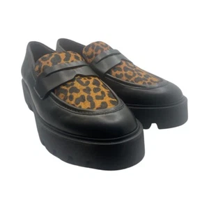 Franco Sarto Womens Balin Lug Sole Chunky Loafer Black and Leopard 9.5 M (V) - Picture 1 of 12