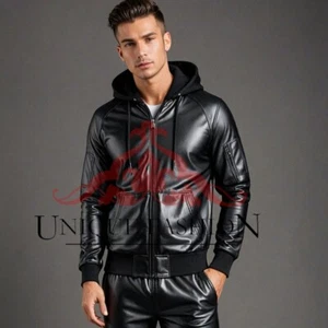 Herren echt weiches Leder Jogging Walking Trainingsanzug Jacke Hose mit Hoodie - Bild 1 von 2