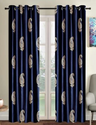 2 Pieces Hand Block Gold Paisley Eyelet Polyester Door Curtains 7Ft - Blue - Image 1 of 4