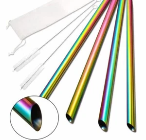 7Pcs Sharp Reusable Boba Bubble Tea Straws Stainless Steel Slashed 12mm Wide Kit - Picture 1 of 14