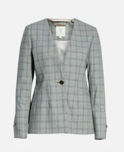 NWT - Ted Baker - RISTA - Collarless Check Jacket- Grey - Size 4 = US 10 - $379 - Picture 1 of 6