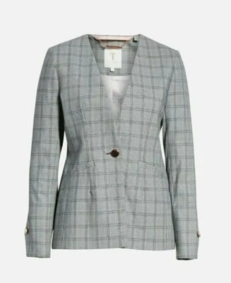 NWT - Ted Baker - RISTA - Collarless Check Jacket- Grey - Size 4 = US 10 - $379 - Image 1 of 4