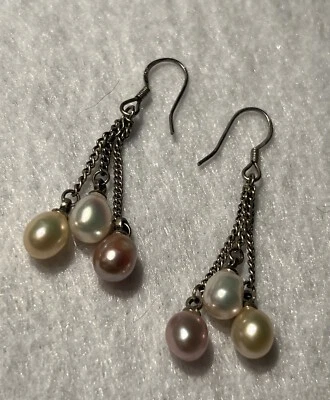 Sterling Silver 925 Pink Cream Pearl Dangle Drop Earrings  - Image 1 of 4