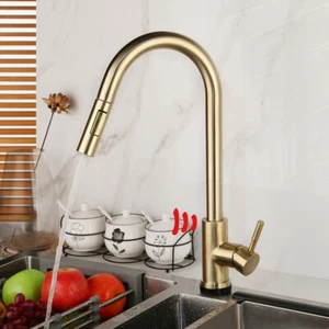 Brushed Gold Kitchen Sink Touch-on Sensor Pull Out 2-Way Spout Mixer Faucet Tap - Picture 1 of 12