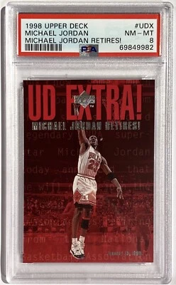 TARJETA DE BALONCESTO MICHAEL JORDAN PSA 8 CHICAGO BULLS 1998 ¡SE RETIRA! CUBIERTA SUPERIOR Foto 1 de 2