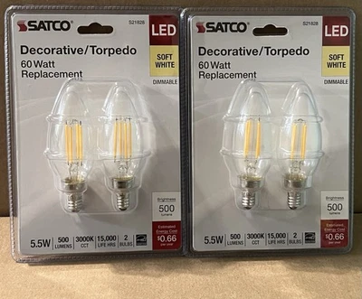 Satco S21828 LED Torpedo Light Bulb 5.5W=60W Soft White ( 4 Bulbs Total ) New - Image 1 of 3