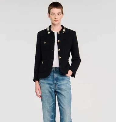 Sandro Abrigo Tweed Negro Manga Larga Universitario Rayas Bloqueo de Color Cárdigan Foto 1 de 4