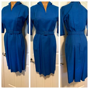VTG 60's EDITH FLAGG BLUE LINEN BLEND W/ BELT PIN-UP ROCKABILLY WIGGLE DRESS - S - Picture 1 of 13