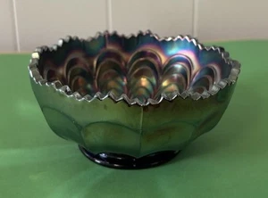 Vintage Fenton Peacock Tail Cobalt Blue Carnival 4.5” Wide Bon Bon Sauce Dish - Picture 1 of 6