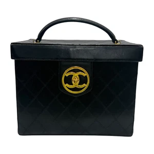 CHANEL 1990's Vintage Black Quilted Leather Vanity Box Top Handle Bag - Picture 1 of 18