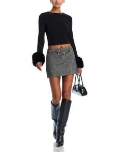 $375 Alice + Olivia Delaina Faux Fur Cuff Cropped Top, Black, SIZE- L - Picture 1 of 5