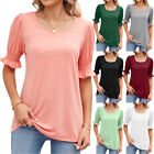Women T-Shirt Tops Short Sleeve Square Collar Loose Casual Solid Color Simple E
