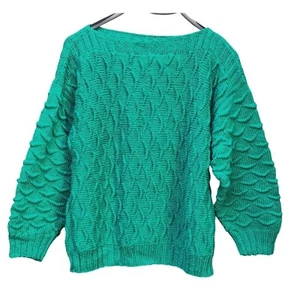 Vintage Hand-Knit Teal Cotton Pullover Sweater Women’s Size M NOS OOAK - Picture 1 of 4