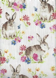 Easter Bunny Tablecloth 60 x 102 Rectangle Textured Fabric Brown Rabbit Flowers - Picture 1 of 6
