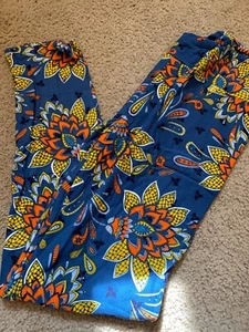 LulaRoe Orange Blue Yellow Floral Geometric Paisley TC Tall Leggings Medallion  - Picture 1 of 2