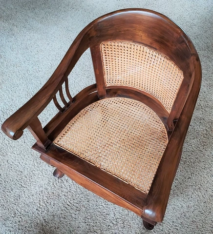 Vintage Woven Cane Teak Wood Barrel Club Ornate Polished Chair Mid Century MCM Cover