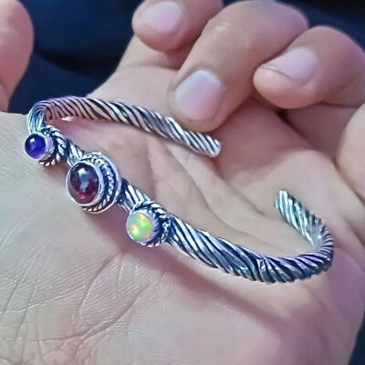 Bracciale fatto a mano in argento sterling 925 con granato, opale di fuoco... - Immagine 1 di 4