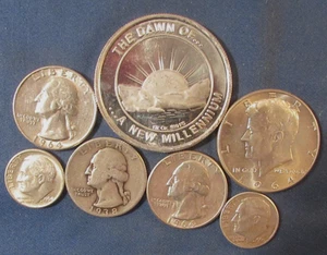 LOT 6 US SILVER COINS  & 1 OZ 999 SILVER 2000 NEW MILLENNIUM ROUND 1964 HALF $ + - Picture 1 of 3