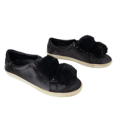 J Slides Sneakers sz 9 Women Black Tassels Pom Poms Lace Up Satiny Festival - Image 1 of 4