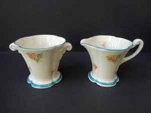 Pickard China 495-62 Sugar Bowl & Creamer Pink Flowers Turquoise Trim 2.5" High - Picture 1 of 6