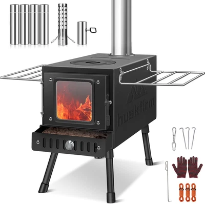 HUSKFIRM Portable Wood Burning Tent Stove Folding Heater w/ Chimney Pipes Spark Arrestor