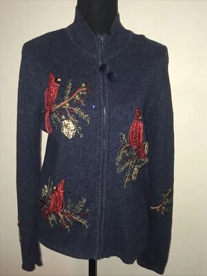 Heirloom Collectible Knit Embroidery Christmas Cardinal Zip Sweater Cardigan S - Imagem 1 de 4