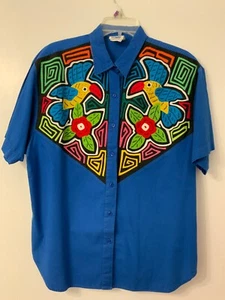 Auténtica Camisa Panamá Mola Talla Grande Azul Brillante Floral Loro Recuerdo - Imagen 1 de 7
