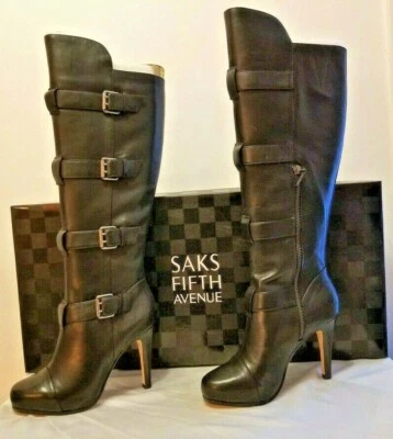 ДЕЙСТВИТЕЛЬНО ШИКАРНЫЙ черный кожаный сапоги до колена с пряжками и молнией розничной $450 - Изображение 1 из 4