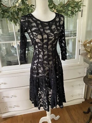 CHETTA B Black Open Lace witchy Midi Fairy Grunge 4 Stretch Dress Whimsigoth - Image 1 of 4