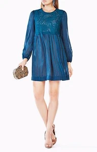 NEW BCBGMAXAZRIA DARK TEAL ASTRID STRIPED SILK DRESS LUB62J64/M910A SIZE S - Picture 1 of 3