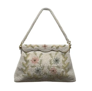 Vintage White Beaded Floral Handbag With Scalloped Edge & Gold Metal Frame - Picture 1 of 8