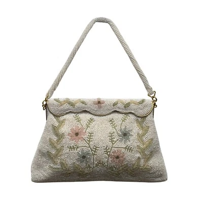 Vintage White Beaded Floral Handbag With Scalloped Edge & Gold Metal Frame - Image 1 of 4