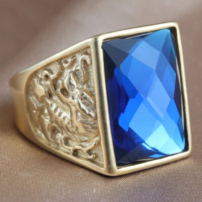 Anillo de boda clásico de acero inoxidable con circonita cúbica azul chapado en oro para hombre Foto 1 de 2