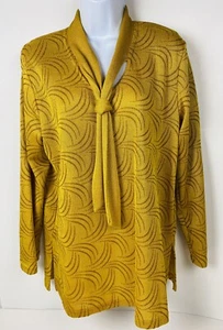 Vintage Groovy Blouse MCM Tie Collar Metallic Thread Print Gold Colored Large - Picture 1 of 7