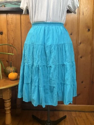 Large 100% Cotton Bright Blue Mid Skirt Haband Flair Elastic Waist Broomstick - Image 1 of 4
