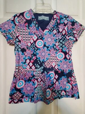 Med Couture Scrub Top Size XS-Navy/Aqua/Pink Floral Print-Chest 18"/L23" - Image 1 of 4
