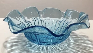 Vintage 1960's Mid Century Blue Glass Bamboo Pattern Bowl Ruffled Edge Texas - Picture 1 of 6