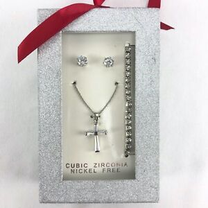 Kohls Earrings Gift Set Clear Cubic Zirconia Nickel Free Silver-Tone Cross