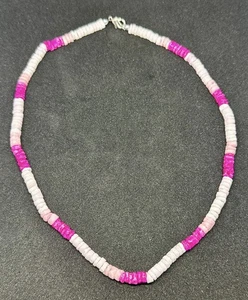 Pink White Puka Shell 18" Necklace Bohemian Surfer Beach Silver Tone Clasp - Picture 1 of 4