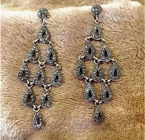 VINTAGE ART DECO 925 STERLING SILBER MARKASITEN TROPFEN OHRHÄNGER CHANDELIER OHRRINGE - Bild 1 von 5