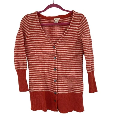 Cárdigan Sundance Catalog Mujer Talla XS Naranja Rayas Botón Lana de Cordero Foto 1 de 4
