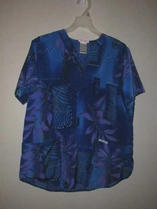 Cherokee Womens M Scrub Top Royal Blue Purple Tropical Floral Cinched Waist 2700 - Picture 1 of 10
