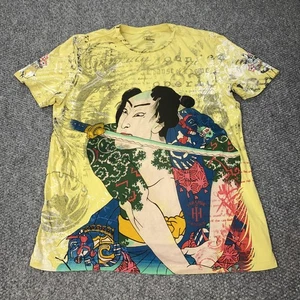 Howe Hemd Herren XL gelb Grafik Samurai Tattoo Kunst japanischer Stil Schnalle Y2K - Bild 1 von 11