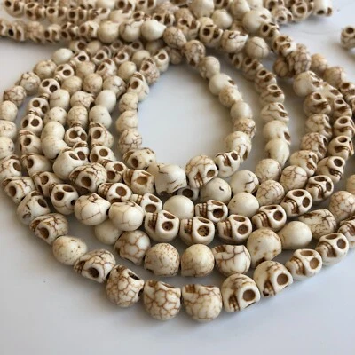 White Stone Skull Beads - 10x12mm Halloween Gemstone Punk Bead 15" Strand - Image 1 of 4