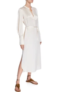 VINCE NWT $495 Ivory Silk Satin Band Collar Belted Midi A Line Shirt Dress Sz 2 - Picture 1 of 8