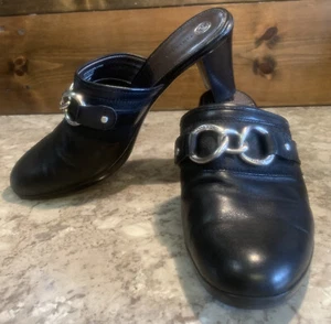 Etienne Aigner Black Leather Clogs Silver Chain 10M Women Business Dress Slides - Picture 1 of 12