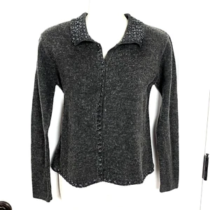 Vintage Samantha Taylor Cardigan Sweater Women S Gray Wool Blend Beaded Collar - Picture 1 of 8