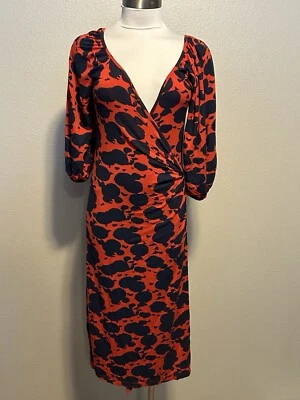 Vestido Rachel Pally Rojo Azul Estampado Geométrico Modal Jersey Envolvente Manga Abullonada Talla M Foto 1 de 4